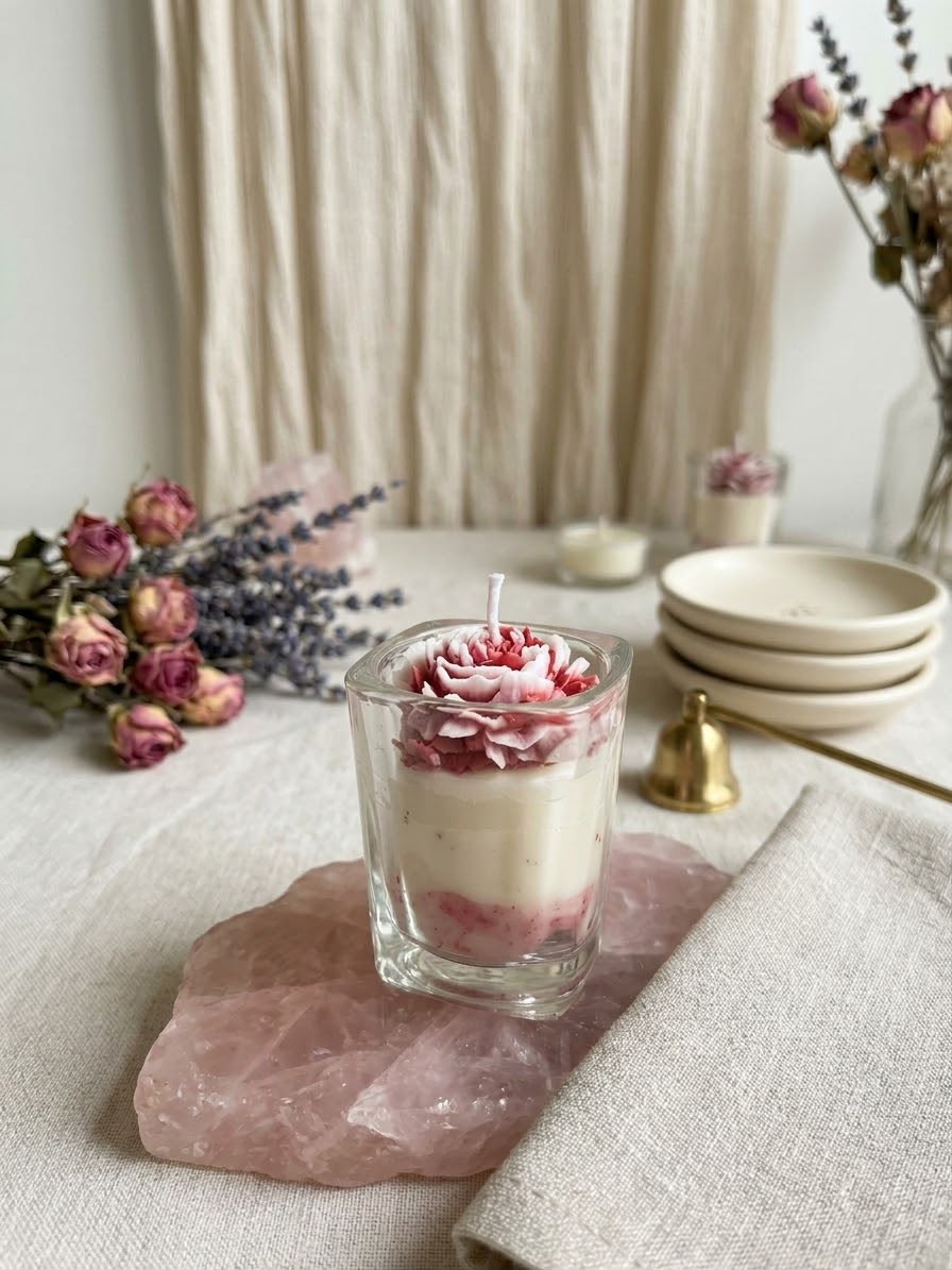 Blush Petal candle with pink floral wax detailing