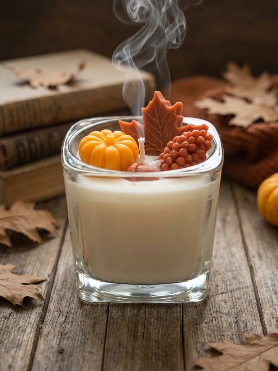Harvest Ember glass candle with pumpkin, leaf and pinecone-shaped wax details